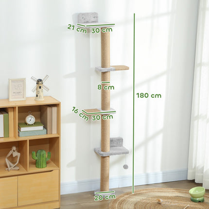 Arbre à chat, 5 niveaux, poteaux en sisal, tissu peluche, gris clair