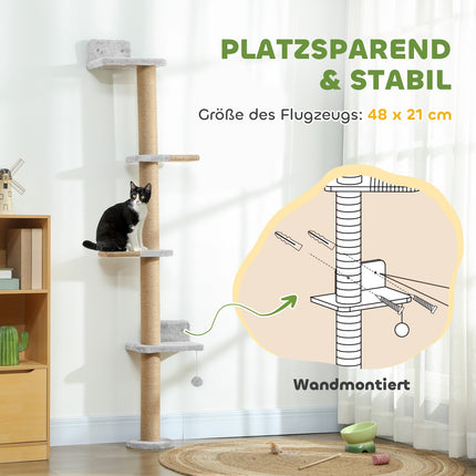 Arbre à chat, 5 niveaux, poteaux en sisal, tissu peluche, gris clair