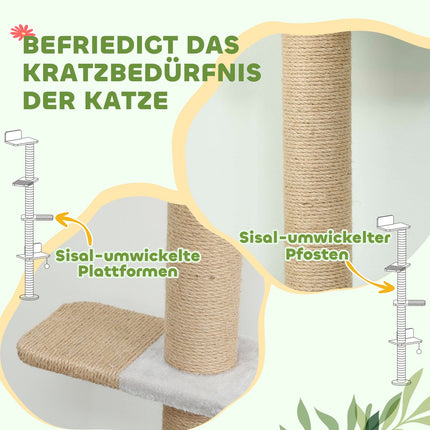 Arbre à chat, 5 niveaux, poteaux en sisal, tissu peluche, gris clair