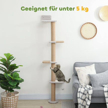 Arbre à chat, 5 niveaux, poteaux en sisal, tissu peluche, gris clair