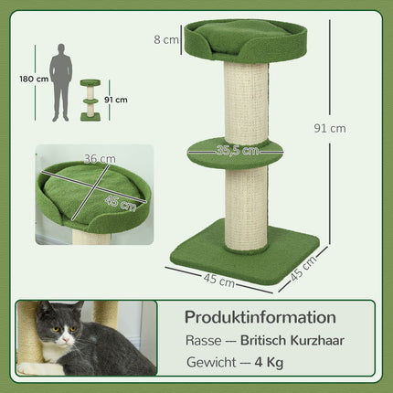 Katzenbaum 91cm mit Bett, Plattformen, Sisalstämmen, Grün