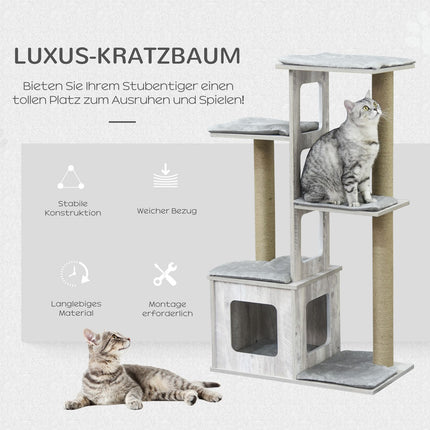 Katzenkratzbaum Aktivitätszentrum – Grau Jute Plüsch, 67x38.5x114 cm