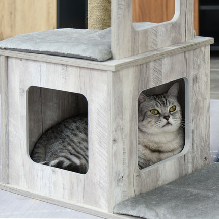 Katzenkratzbaum Aktivitätszentrum – Grau Jute Plüsch, 67x38.5x114 cm