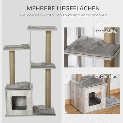 Katzenkratzbaum Aktivitätszentrum – Grau Jute Plüsch, 67x38.5x114 cm