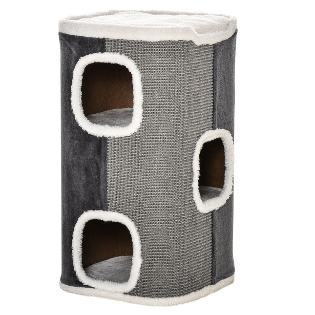 Katzenkratzbaum mit 3 Ebenen, Sisal & glattem Samtstoff, Grau/Weiß