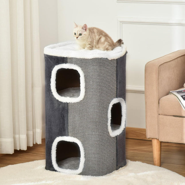 Katzenkratzbaum mit 3 Ebenen, Sisal & glattem Samtstoff, Grau/Weiß