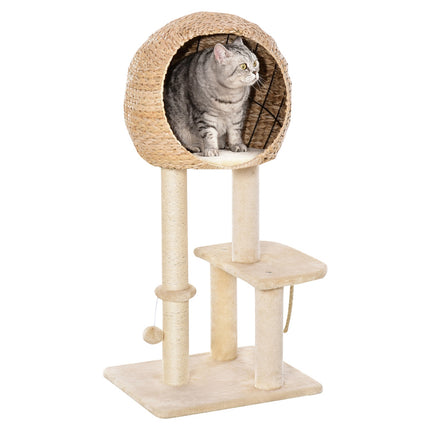 Katzenkratzbaum mit Kratzstamm und Höhle, beige, 100 cm hoch