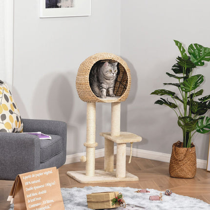 Katzenkratzbaum mit Kratzstamm und Höhle, beige, 100 cm hoch
