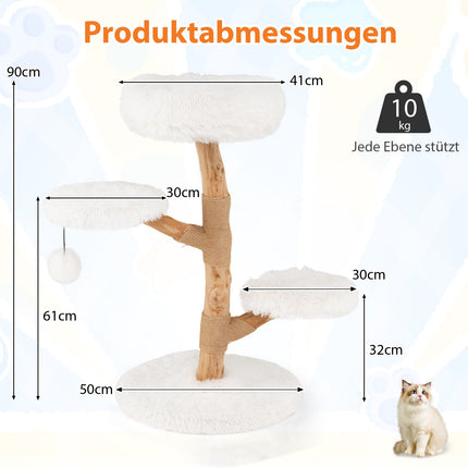 Katzenkratzbaum, 90cm, Birnenholz, Weiß, Mehrstufig