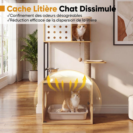 Arbre à chat avec bac à litière et gamelle dissimulés, 117,5 cm