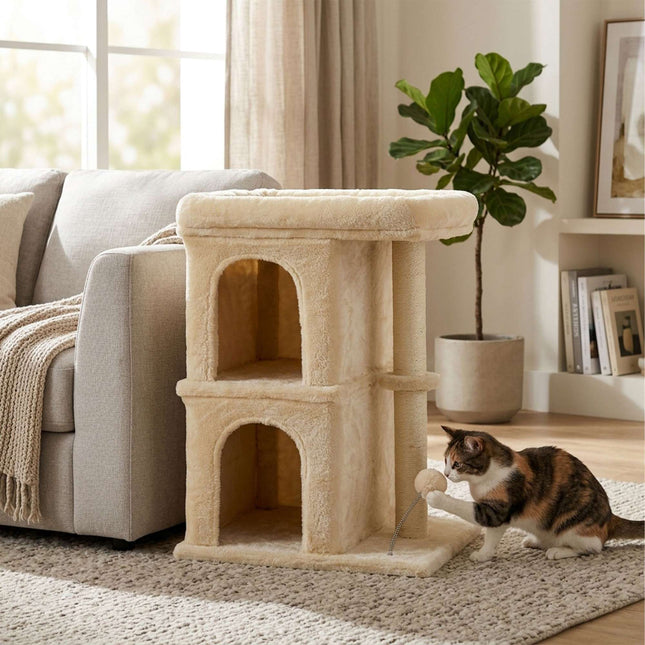 Katzenkratzbaum mit 2 Höhlen & Liegefläche, Beige, 71 cm