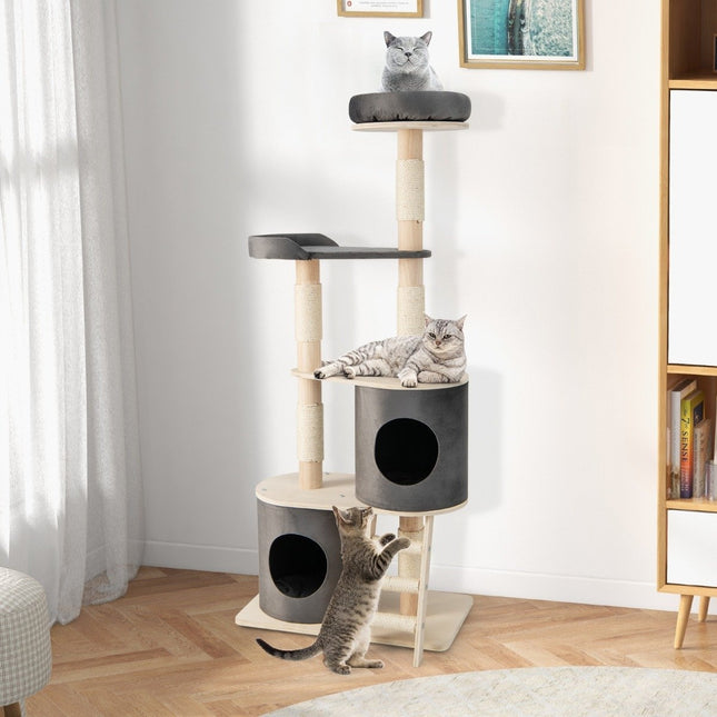Katzenkratzbaum mit 2 Höhlen, Plüsch-Sitzstange & Plattform, 161 cm