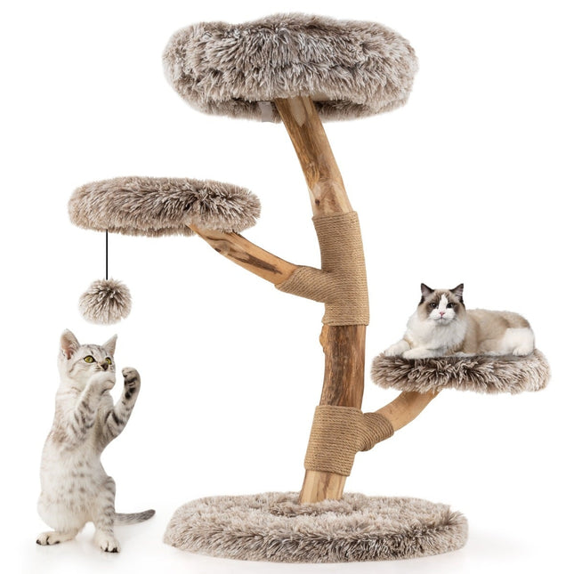 Arbre à chat à 4 niveaux moelleux, bois de bouleau, poteaux en jute
