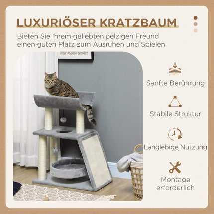 Katzenbaum mit Bett und Spielzeug, Hellgrau, 60 x 30 x 76 cm