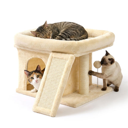 Arbre à chat avec niche et couchage, beige – sisal et peluche