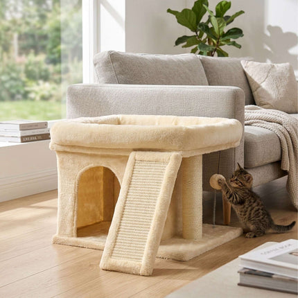 Arbre à chat avec niche et couchage, beige – sisal et peluche
