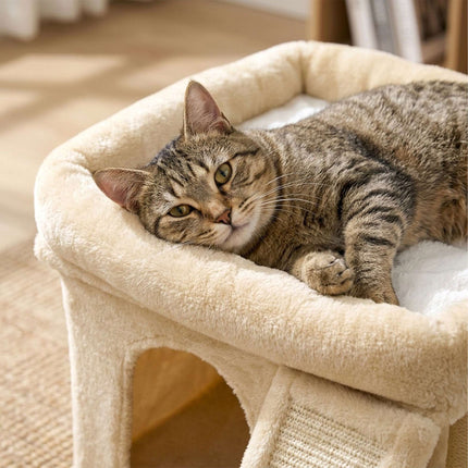 Arbre à chat avec niche et couchage, beige – sisal et peluche