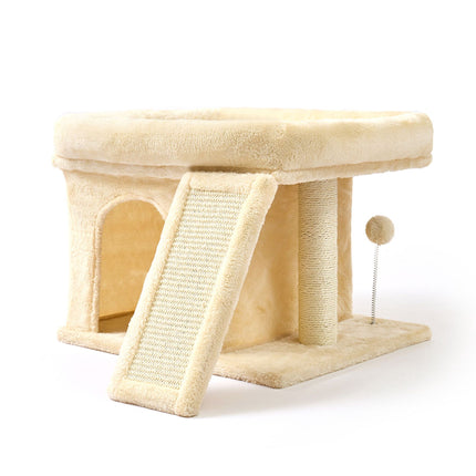 Arbre à chat avec niche et couchage, beige – sisal et peluche