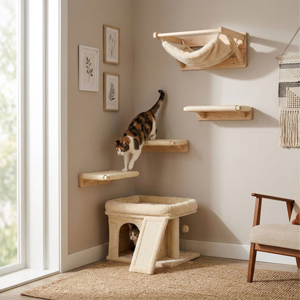 Arbre à chat avec niche et couchage, beige – sisal et peluche