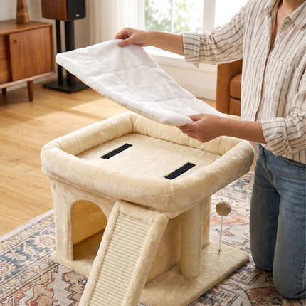Arbre à chat avec niche et couchage, beige – sisal et peluche