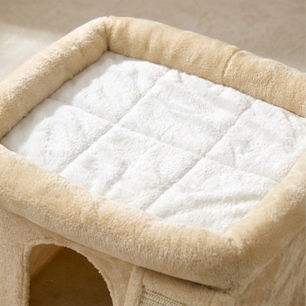 Arbre à chat avec niche et couchage, beige – sisal et peluche