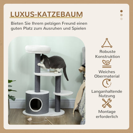 Katzenbaum mit Höhle, Liegefläche, Plattformen, Jutesäulen, Weiß/Grau