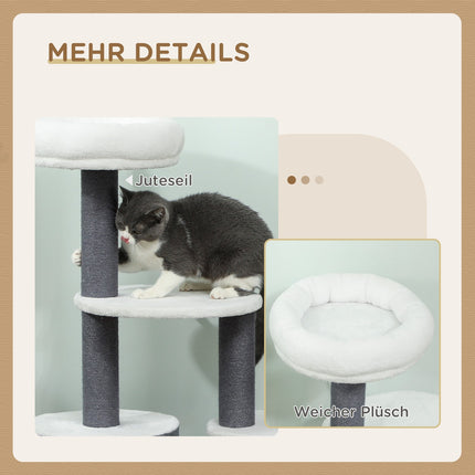 Katzenbaum mit Höhle, Liegefläche, Plattformen, Jutesäulen, Weiß/Grau