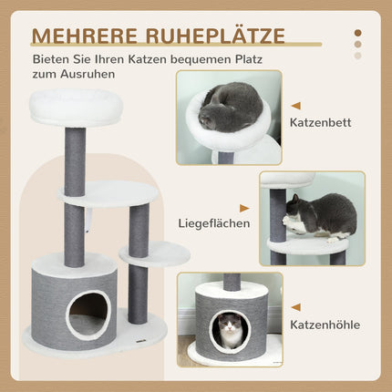 Katzenbaum mit Höhle, Liegefläche, Plattformen, Jutesäulen, Weiß/Grau