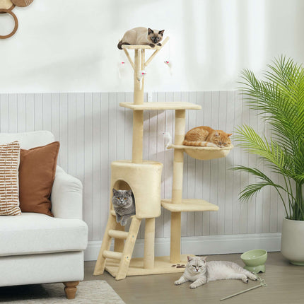 Arbre à chat avec grotte, poteaux en sisal, jouets, beige, pour chats de moins de 5 kg