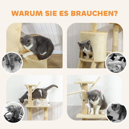 Arbre à chat avec grotte, poteaux en sisal, jouets, beige, pour chats de moins de 5 kg