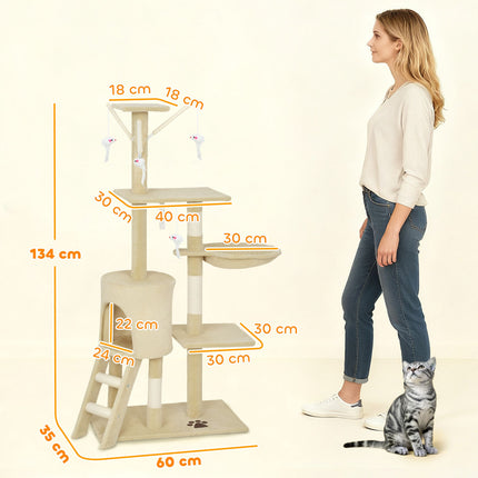 Arbre à chat avec grotte, poteaux en sisal, jouets, beige, pour chats de moins de 5 kg