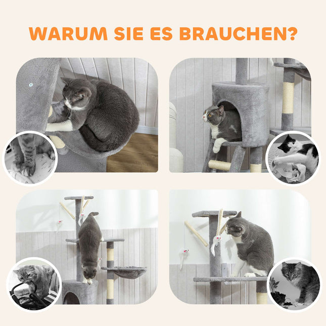Arbre à chat avec grotte, poteaux en sisal et jouets, pour chats de moins de 5 kg, gris