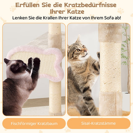 Katzenbaum mit Fisch-Kratzbrett, Sisalstämmen, Plüschhöhle
