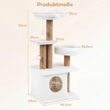 Arbre à chat avec maisonnette, plateforme, couchage et balles, 96 cm, beige