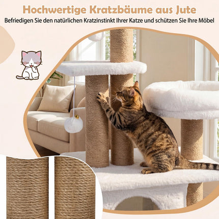 Arbre à chat avec maisonnette, plateforme, couchage et balles, 96 cm, beige