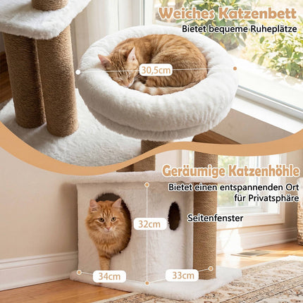 Arbre à chat avec maisonnette, plateforme, couchage et balles, 96 cm, beige