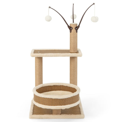 Katzenbaum mit Rattanmatte, Kratzstämmen, Spielzeug, Bett