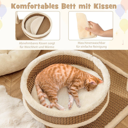 Katzenbaum mit Rattanmatte, Kratzstämmen, Spielzeug, Bett