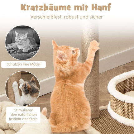 Katzenbaum mit Rattanmatte, Kratzstämmen, Spielzeug, Bett