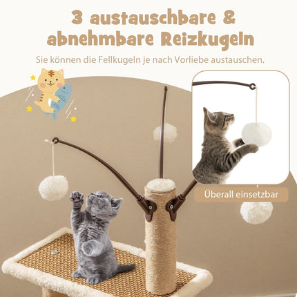 Katzenbaum mit Rattanmatte, Kratzstämmen, Spielzeug, Bett