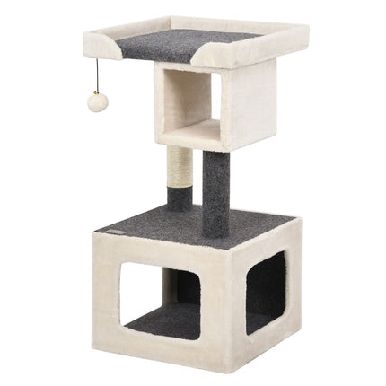 Arbre à chat en sisal, 2 niveaux, blanc/gris, 42 x 42 x 80 cm