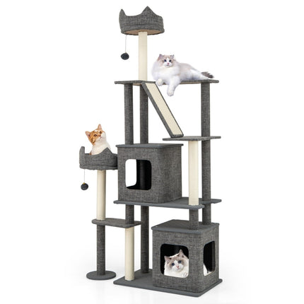 Katzenbaum mit Sisalstämmen, Leiter & 2 Höhlen, 180 cm Grau