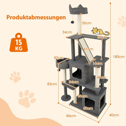 Katzenbaum mit Sisalstämmen, Leiter & 2 Höhlen, 180 cm Grau
