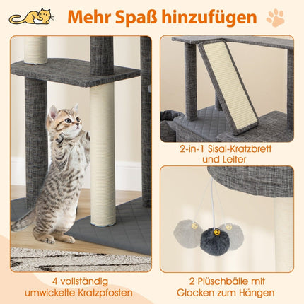 Katzenbaum mit Sisalstämmen, Leiter & 2 Höhlen, 180 cm Grau