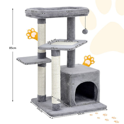 Arbre à chat avec poteaux en sisal, plateforme supérieure en peluche, gris