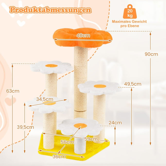 Arbre à chat avec poteaux en sisal et plateformes fleuries en peluche
