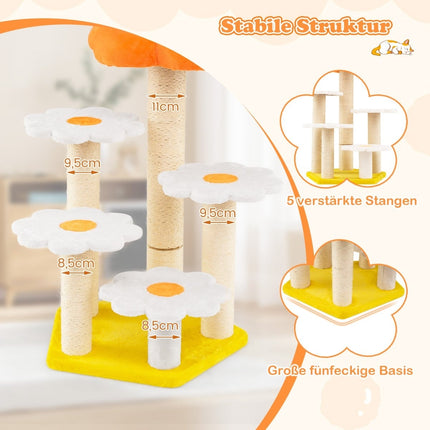 Arbre à chat avec poteaux en sisal et plateformes fleuries en peluche