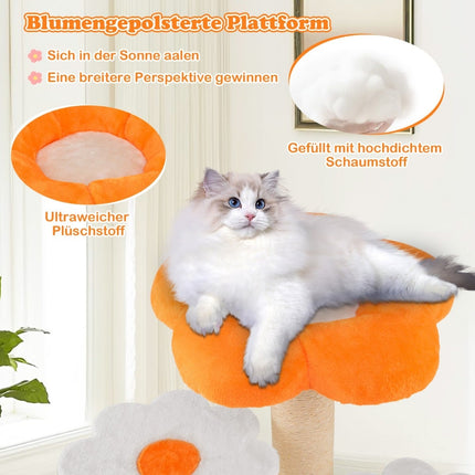 Arbre à chat avec poteaux en sisal et plateformes fleuries en peluche