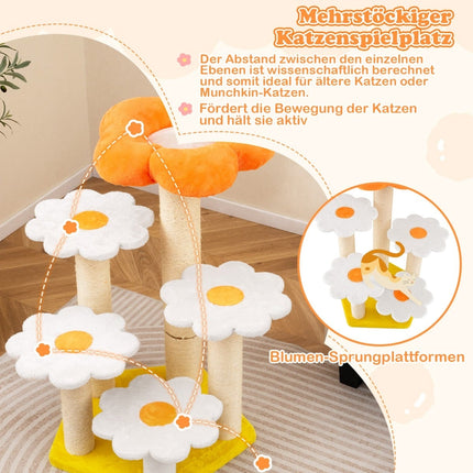 Arbre à chat avec poteaux en sisal et plateformes fleuries en peluche