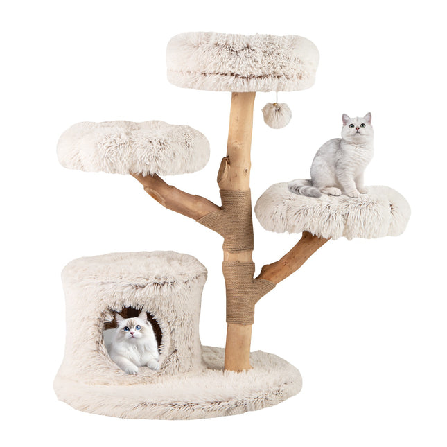 Katzenbaum mit Massivholzstamm und Plüschplattformen, 102 cm